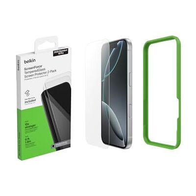 Belkin ScreenForce Displaybeschermfolie van gehard glas voor iPhone 16 Pro, transparant, krasbestendig, luchtbelvrij gebruik, volledige afdekking voor iPhone 16 Pro, 2 stuks Belkin ScreenForce Displaybeschermfolie van gehard glas voor iPhone 16 Pro, transparant, krasbestendig, luchtbelvrij gebruik, volledige afdekking voor iPhone 16 Pro, 2 stuks