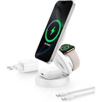 Belkin BoostCharge 3-in-1 opvouwbaar laadstation, MagSafe-compatibele inductie-oplader, Qi2-gecertificeerd, 15 W, voor iPhone 17, Air, Apple Watch, AirPods, Pixelsnap, inclusief 36 W adapter, wit Belkin BoostCharge 3-in-1 opvouwbaar laadstation, MagSafe-compatibele inductie-oplader, Qi2-gecertificeerd, 15 W, voor iPhone 17, Air, Apple Watch, AirPods, Pixelsnap, inclusief 36 W adapter, wit