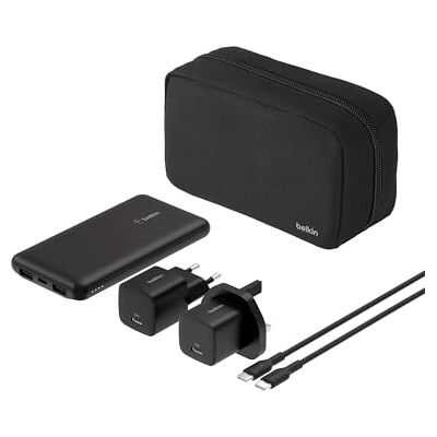 Belkin 5-in-1 draagbare oplaadoplossing met 10000 mAh powerbank, 25 W USB-C-oplader, Europese en Britse stekker, 60 W USB-C-kabel en draagtas Belkin 5-in-1 draagbare oplaadoplossing met 10000 mAh powerbank, 25 W USB-C-oplader, Europese en Britse stekker, 60 W USB-C-kabel en draagtas