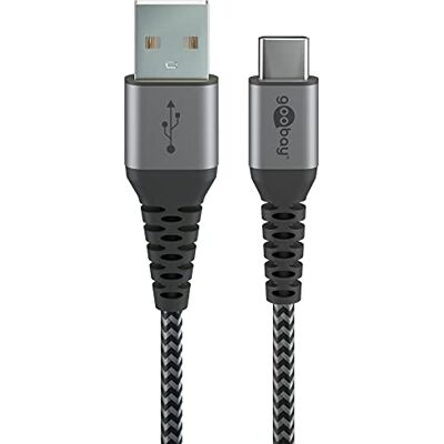 goobay USB-C kabel 49296 extra robuuste hoogwaardige textielkabel met metalen connectoren 1 m spacegrijs goobay USB-C kabel 49296 extra robuuste hoogwaardige textielkabel met metalen connectoren 1 m spacegrijs