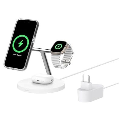 Belkin BoostCharge 3-in-1 laadstation met Qi2, MagSafe-oplader, compatibel met iPhone 17, iPhone Air, Apple Watch, AirPods, Pixelsnap, inclusief adapter, wit Belkin BoostCharge 3-in-1 laadstation met Qi2, MagSafe-oplader, compatibel met iPhone 17, iPhone Air, Apple Watch, AirPods, Pixelsnap, inclusief adapter, wit