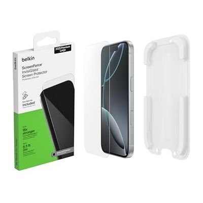 Belkin ScreenForce InvisiGlass displaybescherming voor iPhone 17 Pro Max, krasbestendig, Easy Align inbegrepen, aanbrengen zonder luchtbellen, compatibele bescherming, hardheid 9H, gerecycled glas Belkin ScreenForce InvisiGlass displaybescherming voor iPhone 17 Pro Max, krasbestendig, Easy Align inbegrepen, aanbrengen zonder luchtbellen, compatibele bescherming, hardheid 9H, gerecycled glas