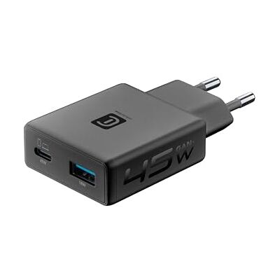 Cellular Line Power Lite 45W Dual Port USB-C 45W en USB-A 18W gelijktijdig snel opladen GaN+ technologie compact design, zwart Cellular Line Power Lite 45W Dual Port USB-C 45W en USB-A 18W gelijktijdig snel opladen GaN+ technologie compact design, zwart