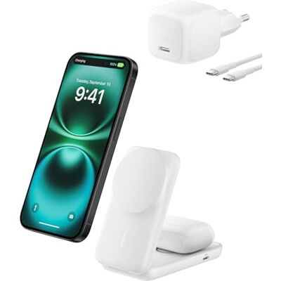 Belkin UltraCharge inductielader Qi2, 25 W, 2-in-1 laadstation voor iPhone 17, iPhone Air, AirPods, Pixelsnap, compatibel met MagSafe met USB-C-poort en adapter 45 W, wit Belkin UltraCharge inductielader Qi2, 25 W, 2-in-1 laadstation voor iPhone 17, iPhone Air, AirPods, Pixelsnap, compatibel met MagSafe met USB-C-poort en adapter 45 W, wit