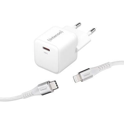 Intenso W30C GaN USB-C voedingsadapterset met GaN en USB-C technologie naar Lightning data en MFi-gecertificeerde oplaadkabel, wit Intenso W30C GaN USB-C voedingsadapterset met GaN en USB-C technologie naar Lightning data en MFi-gecertificeerde oplaadkabel, wit