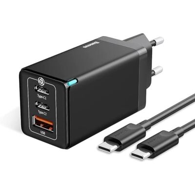 Baseus GaN5 Pro Fast Wall Charger, C+C+U, QC, AFC, PD 65W met Type-C naar Type-C (100W) 1m, Zwart EU (CCGP120201) Baseus GaN5 Pro Fast Wall Charger, C+C+U, QC, AFC, PD 65W met Type-C naar Type-C (100W) 1m, Zwart EU (CCGP120201)