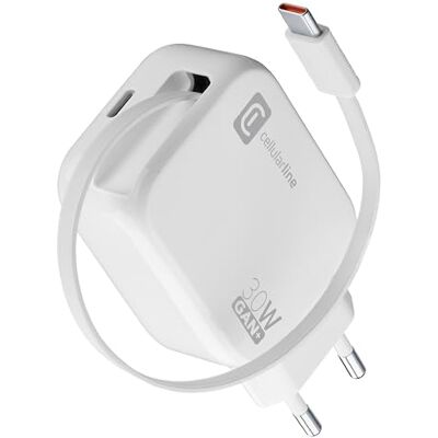 Cellular Line 30 W oplader met intrekbare USB-C-kabel, 90 cm, GaN-technologie, dubbele USB-C Power Delivery, compact voor smartphones en tablets, wit Cellular Line 30 W oplader met intrekbare USB-C-kabel, 90 cm, GaN-technologie, dubbele USB-C Power Delivery, compact voor smartphones en tablets, wit