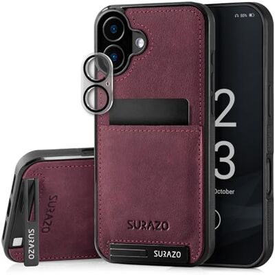 SURAZO Beschermhoes voor de achterkant van echt leer voor Apple iPhone 16, leren beschermhoes, stootvast, camerabescherming van glas, kaartenvak, functie SURAZO Beschermhoes voor de achterkant van echt leer voor Apple iPhone 16, leren beschermhoes, stootvast, camerabescherming van glas, kaartenvak, functie