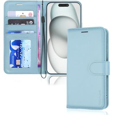 TECHGEAR Beschermhoes voor iPhone 15 (15,5 cm), PU-leer, portemonnee, kaarthouder, standfunctie en polsband, lichtblauw, PU-leer met magneetsluiting voor iPhone 15 15,5 cm TECHGEAR Beschermhoes voor iPhone 15 (15,5 cm), PU-leer, portemonnee, kaarthouder, standfunctie en polsband, lichtblauw, PU-leer met magneetsluiting voor iPhone 15 15,5 cm