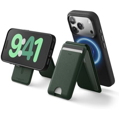 elago Magnetische kaarthouder met standaard, compatibel met MagSafe voor iPhone, veganistisch leer, verstelbare standaard, meerdere hoeken, kaartuitwerpmechanisme, Donkergroen elago Magnetische kaarthouder met standaard, compatibel met MagSafe voor iPhone, veganistisch leer, verstelbare standaard, meerdere hoeken, kaartuitwerpmechanisme, Donkergroen