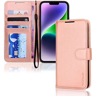 TECHGEAR Beschermhoes voor iPhone 14 portefeuille, leer, met beschermklep, kaartsleuven, standaard en polsband, PU-leer, roségoud compatibel met iPhone 14 6,1 inch TECHGEAR Beschermhoes voor iPhone 14 portefeuille, leer, met beschermklep, kaartsleuven, standaard en polsband, PU-leer, roségoud compatibel met iPhone 14 6,1 inch