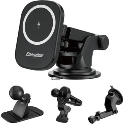 Energizer Magnetische Qi-houder, 15 W, snelle, draadloze USB-C-autolader, voor ventilatierooster en dashboard, PowerSafe-bescherming, verstelbaar Energizer Magnetische Qi-houder, 15 W, snelle, draadloze USB-C-autolader, voor ventilatierooster en dashboard, PowerSafe-bescherming, verstelbaar