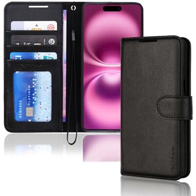 TECHGEAR iPhone 16 leren portemonneehoesje, RFID-blokkerende flip case, kaarthouder, standaard en polsband, zwart kunstleer met magneetsluiting voor iPhone 16 6,1 inch TECHGEAR iPhone 16 leren portemonneehoesje, RFID-blokkerende flip case, kaarthouder, standaard en polsband, zwart kunstleer met magneetsluiting voor iPhone 16 6,1 inch