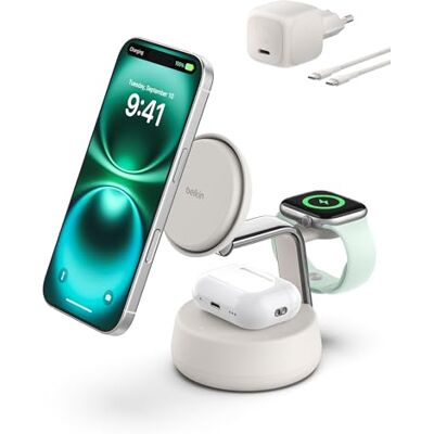 Belkin UltraCharge Pro 3-in-1 oplader voor inductie, Qi2, 25 W, laadstation voor iPhone 17, iPhone Air, Apple Watch, AirPods, Pixelsnap, compatibel met MagSafe met ventilator, oplader 45 W, beige Belkin UltraCharge Pro 3-in-1 oplader voor inductie, Qi2, 25 W, laadstation voor iPhone 17, iPhone Air, Apple Watch, AirPods, Pixelsnap, compatibel met MagSafe met ventilator, oplader 45 W, beige