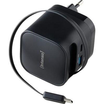 Intenso GaN W65ACIC voedingsadapter 65 W USB-C GaN met uitbreidbare kabel + USB-C & USB-A-poort, PD & PPS, compact voor smartphone en laptop, snellaadvoeding Intenso GaN W65ACIC voedingsadapter 65 W USB-C GaN met uitbreidbare kabel + USB-C & USB-A-poort, PD & PPS, compact voor smartphone en laptop, snellaadvoeding