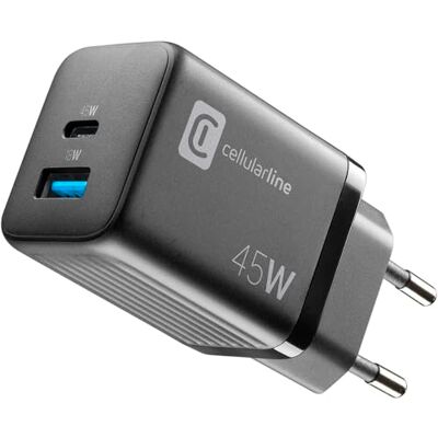 Cellular Line Multipower Micro oplader Super Fast Charger 45 W met 2 USB-C-poorten uitgerust met Gan technologie compatibel met smartphone, iPhone, tablet, iPad, laptop en Cellular Line Multipower Micro oplader Super Fast Charger 45 W met 2 USB-C-poorten uitgerust met Gan technologie compatibel met smartphone, iPhone, tablet, iPad, laptop en