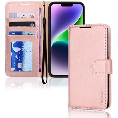 TECHGEAR Leren portemonneehoesje voor iPhone 14, beschermhoes met kaarthouder, standaard en polsband, roze PU-leer met magneetsluiting voor iPhone 14 6,1 inch TECHGEAR Leren portemonneehoesje voor iPhone 14, beschermhoes met kaarthouder, standaard en polsband, roze PU-leer met magneetsluiting voor iPhone 14 6,1 inch