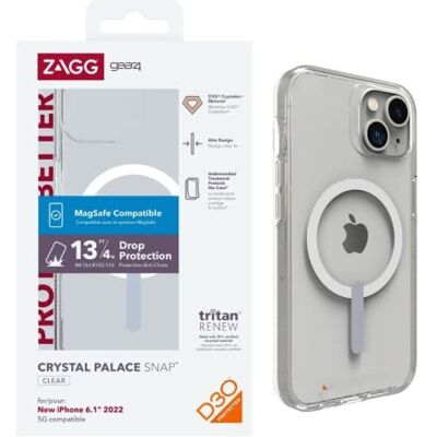 ZAGG Gear 4 Crystal Palace Snap D30 Hoes compatibel met iPhone 14, dun, licht, schokbestendig, MagSafe, draadloos opladen (transparant) ZAGG Gear 4 Crystal Palace Snap D30 Hoes compatibel met iPhone 14, dun, licht, schokbestendig, MagSafe, draadloos opladen (transparant)