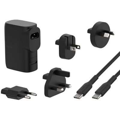 Belkin Draagbare oplader en wandlader van 25 W met reisadapterset, USB-C en USB-A-poorten + 0,9 m type C-kabel, zwart Belkin Draagbare oplader en wandlader van 25 W met reisadapterset, USB-C en USB-A-poorten + 0,9 m type C-kabel, zwart
