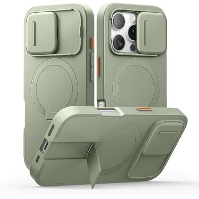SURITCH Magnetisch hoesje compatibel met iPhone 16 Pro, schokbestendige beschermhoes, ultradun, met verschuifbare camera-afdekking en verstelbare standaard, groen SURITCH Magnetisch hoesje compatibel met iPhone 16 Pro, schokbestendige beschermhoes, ultradun, met verschuifbare camera-afdekking en verstelbare standaard, groen
