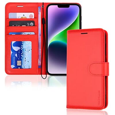 TECHGEAR Beschermhoes voor iPhone 14, portefeuille, leer, met beschermklep, kaartsleuven, standaard en polsband, PU-leer, rood, compatibel met iPhone 14 6,1 inch TECHGEAR Beschermhoes voor iPhone 14, portefeuille, leer, met beschermklep, kaartsleuven, standaard en polsband, PU-leer, rood, compatibel met iPhone 14 6,1 inch