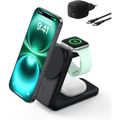 Belkin UltraCharge 3-in-1 inductielader Qi2, magnetisch laadstation 25 W, draadloze oplader met MagSafe voor iPhone 17, iPhone Air, Apple Watch, AirPods, Pixelsnap met oplader 45 W, zwart Belkin UltraCharge 3-in-1 inductielader Qi2, magnetisch laadstation 25 W, draadloze oplader met MagSafe voor iPhone 17, iPhone Air, Apple Watch, AirPods, Pixelsnap met oplader 45 W, zwart