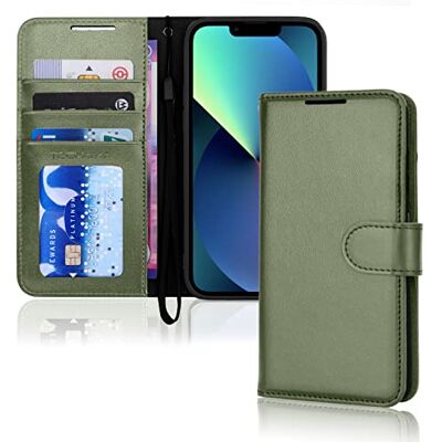 TECHGEAR Leren portemonneehoesje voor iPhone 13, beschermhoes met kaarthouder, standaard en polsband, groen kunstleer met magneetsluiting voor iPhone 13 6,1 inch TECHGEAR Leren portemonneehoesje voor iPhone 13, beschermhoes met kaarthouder, standaard en polsband, groen kunstleer met magneetsluiting voor iPhone 13 6,1 inch
