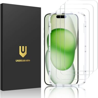 UNBREAKcable 3 stuks iPhone 15 Plus displaybeschermfolie, dubbel gehard glas, onbreekbaar, eenvoudig installatieframe, 9H hardheid, 99,99% HD, transparant, compatibel met hoesjes, voor UNBREAKcable 3 stuks iPhone 15 Plus displaybeschermfolie, dubbel gehard glas, onbreekbaar, eenvoudig installatieframe, 9H hardheid, 99,99% HD, transparant, compatibel met hoesjes, voor