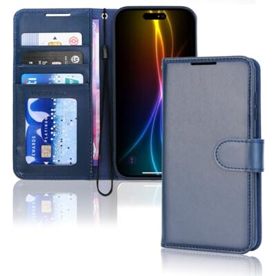 TECHGEAR Telefoonhoesje voor iPhone 17, PU-lederen portemonnee, RFID-blokkering, kaarthouder en contant geld, standaard, polsband, magnetische sluiting, blauw voor iPhone 17 (6,3 inch) TECHGEAR Telefoonhoesje voor iPhone 17, PU-lederen portemonnee, RFID-blokkering, kaarthouder en contant geld, standaard, polsband, magnetische sluiting, blauw voor iPhone 17 (6,3 inch)