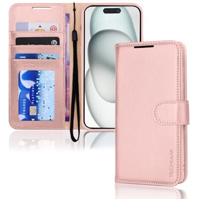 TECHGEAR Beschermhoes voor iPhone 15 met portemonnee, flip beschermhoes met kaarthouder, standaard en polsband, roze PU-leer met magnetische sluiting voor iPhone 15 6,1 inch TECHGEAR Beschermhoes voor iPhone 15 met portemonnee, flip beschermhoes met kaarthouder, standaard en polsband, roze PU-leer met magnetische sluiting voor iPhone 15 6,1 inch