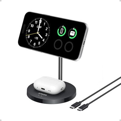 Anker Oplader voor iPhone inductie, 15 W, verstelbare houder 2-in-1, USB-C-kabel 1,5 m, dubbele led, ultrasnel, MagSafe voor iPhone serie 17/16 en 5 W voor AirPods (zonder AC-adapter) Anker Oplader voor iPhone inductie, 15 W, verstelbare houder 2-in-1, USB-C-kabel 1,5 m, dubbele led, ultrasnel, MagSafe voor iPhone serie 17/16 en 5 W voor AirPods (zonder AC-adapter)