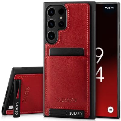 SURAZO Beschermhoes voor Samsung Galaxy S24 Ultra, echt leer, stootvast, met kaartenvak, standfunctie, sleutelhanger, vintage, dun, rood SURAZO Beschermhoes voor Samsung Galaxy S24 Ultra, echt leer, stootvast, met kaartenvak, standfunctie, sleutelhanger, vintage, dun, rood