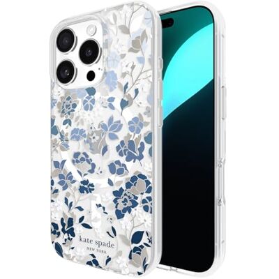 Kate Spade New York iPhone 16 Pro hoes, compatibel met MagSafe, design telefoonhoes, bloembed, blauwe stenen Kate Spade New York iPhone 16 Pro hoes, compatibel met MagSafe, design telefoonhoes, bloembed, blauwe stenen
