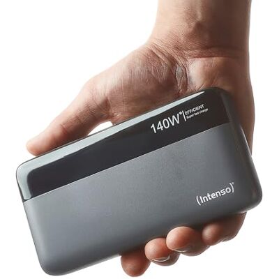 Intenso Powerbank HE25000 Powerbank met Power Delivery (140 W) en USB-C naar USB-C oplaadkabel, 25.000 mAh, grijs/zwart Intenso Powerbank HE25000 Powerbank met Power Delivery (140 W) en USB-C naar USB-C oplaadkabel, 25.000 mAh, grijs/zwart