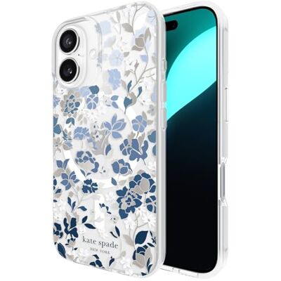 Kate Spade New York iPhone 16 hoes, compatibel met MagSafe, design telefoonhoes, bloembed, blauwe stenen Kate Spade New York iPhone 16 hoes, compatibel met MagSafe, design telefoonhoes, bloembed, blauwe stenen