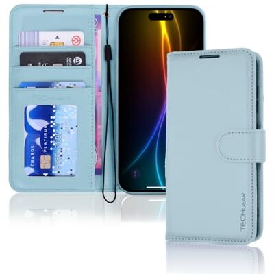 TECHGEAR Beschermhoes voor iPhone 17 (16 cm), PU-leer, portemonneehoesje met RFID-blokkering, kaarthouder, contant geld, standaard, polsband, magneetsluiting, lichtblauw TECHGEAR Beschermhoes voor iPhone 17 (16 cm), PU-leer, portemonneehoesje met RFID-blokkering, kaarthouder, contant geld, standaard, polsband, magneetsluiting, lichtblauw
