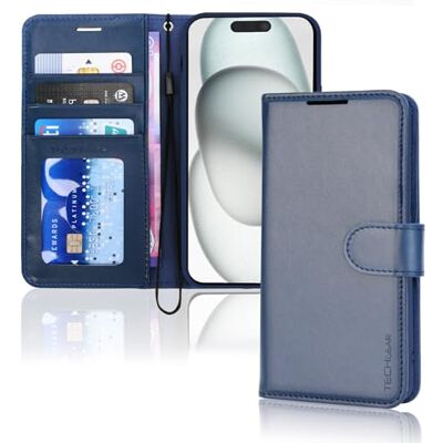 TECHGEAR Hoes voor iPhone 15 6,1 inch PU lederen portemonneehoesje met standaardfunctie en polsband, blauw TECHGEAR Hoes voor iPhone 15 6,1 inch PU lederen portemonneehoesje met standaardfunctie en polsband, blauw