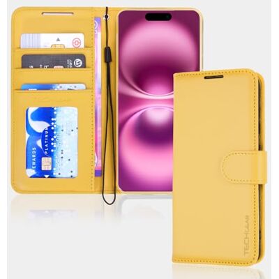 TECHGEAR Leren portemonneehoesje voor iPhone 16 Flip case met kaarthouder, standaard en polsband, geel PU-leer met magneetsluiting voor iPhone 16 6.1 TECHGEAR Leren portemonneehoesje voor iPhone 16 Flip case met kaarthouder, standaard en polsband, geel PU-leer met magneetsluiting voor iPhone 16 6.1
