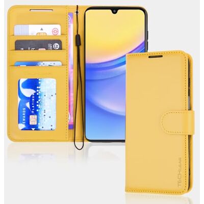TECHGEAR Samsung A15 5G PU-lederen portemonneehoesje met magneetsluiting, RFID-blokkering, met kaarthouder, standaard en polsband, geel TECHGEAR Samsung A15 5G PU-lederen portemonneehoesje met magneetsluiting, RFID-blokkering, met kaarthouder, standaard en polsband, geel