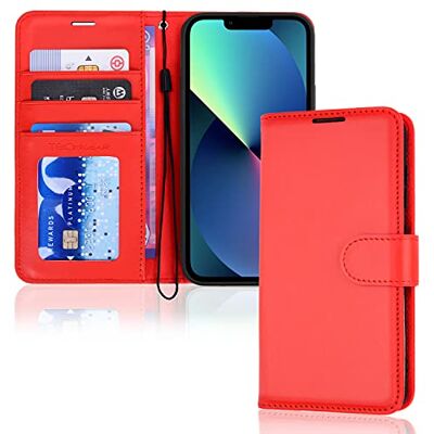 TECHGEAR Leren portemonneehoesje voor iPhone 13, beschermhoes met kaarthouder, standaard en polsband, rood PU-leer met magneetsluiting voor iPhone 13 6,1 inch TECHGEAR Leren portemonneehoesje voor iPhone 13, beschermhoes met kaarthouder, standaard en polsband, rood PU-leer met magneetsluiting voor iPhone 13 6,1 inch
