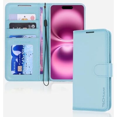 TECHGEAR iPhone 16 lederen portemonneehoesje, RFID-blokkerende flip case, kaarthouder, standaard en polsband, lichtblauw PU lederen hoes met magnetische sluiting voor iPhone 16 6,1 inch TECHGEAR iPhone 16 lederen portemonneehoesje, RFID-blokkerende flip case, kaarthouder, standaard en polsband, lichtblauw PU lederen hoes met magnetische sluiting voor iPhone 16 6,1 inch