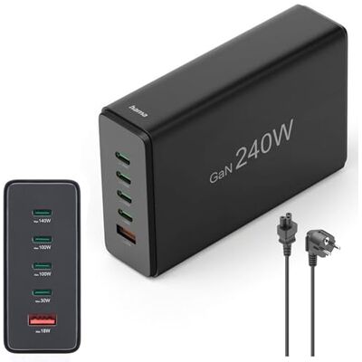 Hama Stat. chrge 5 poorten, GaN, opladen. Rap., 4 USB-C, 1 USB-A, PD, 240 W, zwart Hama Stat. chrge 5 poorten, GaN, opladen. Rap., 4 USB-C, 1 USB-A, PD, 240 W, zwart