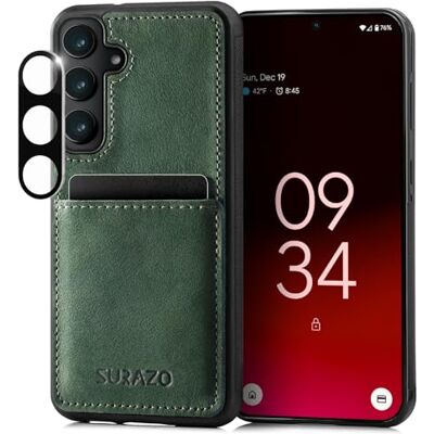 SURAZO Samsung Galaxy S25 leren beschermhoes met camerabescherming, achterkant van echt leer, kaartenvak, sleutelhanger, echt leer, stootvast SURAZO Samsung Galaxy S25 leren beschermhoes met camerabescherming, achterkant van echt leer, kaartenvak, sleutelhanger, echt leer, stootvast