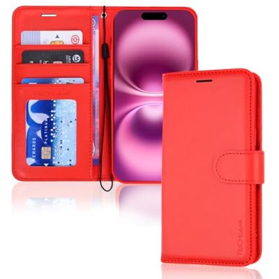 TECHGEAR iPhone 16 lederen portemonneehoesje, RFID-blokkerende flip case, kaarthouder, standaard en polsband, rood PU lederen hoesje met magnetische sluiting voor iPhone 16 6,1 inch TECHGEAR iPhone 16 lederen portemonneehoesje, RFID-blokkerende flip case, kaarthouder, standaard en polsband, rood PU lederen hoesje met magnetische sluiting voor iPhone 16 6,1 inch