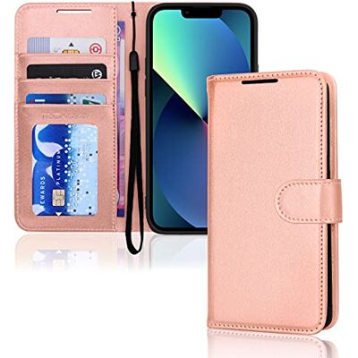 TECHGEAR Leren portemonneehoesje voor iPhone 13, beschermhoes met kaarthouder, standaard en polsband, roségoud kunstleer met magneetsluiting voor iPhone 13 6,1 inch TECHGEAR Leren portemonneehoesje voor iPhone 13, beschermhoes met kaarthouder, standaard en polsband, roségoud kunstleer met magneetsluiting voor iPhone 13 6,1 inch