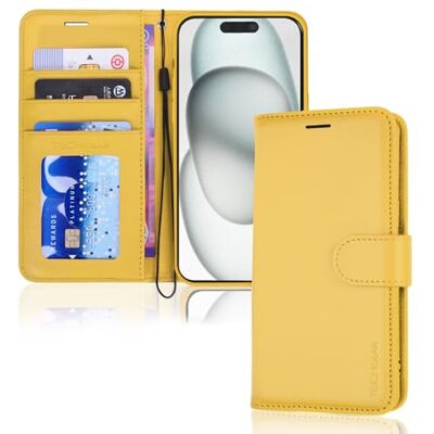 TECHGEAR iPhone 15 lederen portemonnee-hoes, flip beschermhoes met portemonneehouder, standaard en polsband, geel PU-leer met magnetische sluiting voor iPhone 15 6,1 inch TECHGEAR iPhone 15 lederen portemonnee-hoes, flip beschermhoes met portemonneehouder, standaard en polsband, geel PU-leer met magnetische sluiting voor iPhone 15 6,1 inch