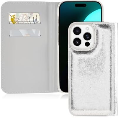 Kate Spade New York iPhone 16 Pro Max Wallet Case Compatibel met draadloos opladen Design telefoonhoesje Zilver metallic Kate Spade New York iPhone 16 Pro Max Wallet Case Compatibel met draadloos opladen Design telefoonhoesje Zilver metallic