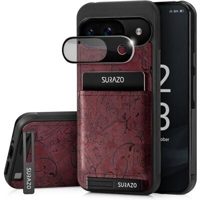 SURAZO Hoes voor mobiele telefoon voor Google Pixel 9, echt leer, stootvast, camerabescherming van glas, kaartenvak, standfunctie, sleutelhanger, bloemenpatroon SURAZO Hoes voor mobiele telefoon voor Google Pixel 9, echt leer, stootvast, camerabescherming van glas, kaartenvak, standfunctie, sleutelhanger, bloemenpatroon