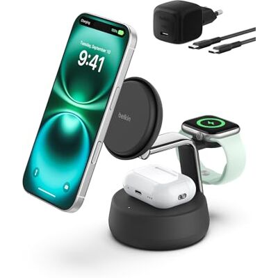 Belkin UltraCharge Pro 3-in-1 oplader voor inductie, Qi2, 25 W, laadstation voor iPhone 17, iPhone Air, Apple Watch, AirPods, Pixelsnap, compatibel met MagSafe met ventilator, oplader 45 W, zwart Belkin UltraCharge Pro 3-in-1 oplader voor inductie, Qi2, 25 W, laadstation voor iPhone 17, iPhone Air, Apple Watch, AirPods, Pixelsnap, compatibel met MagSafe met ventilator, oplader 45 W, zwart