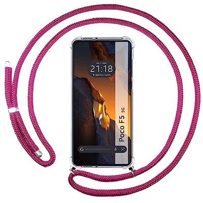 Tumundosmartphone Housse suspendue transparente pour Xiaomi Poco F5 5G avec cordon rose fuchsia Tumundosmartphone Housse suspendue transparente pour Xiaomi Poco F5 5G avec cordon rose fuchsia